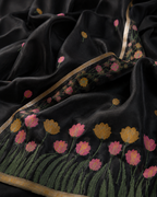 Midnight Black Unstitched Suit Set with Floral Organza Dupatta