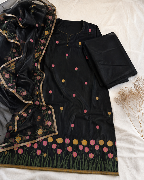 Midnight Black Unstitched Suit Set with Floral Organza Dupatta