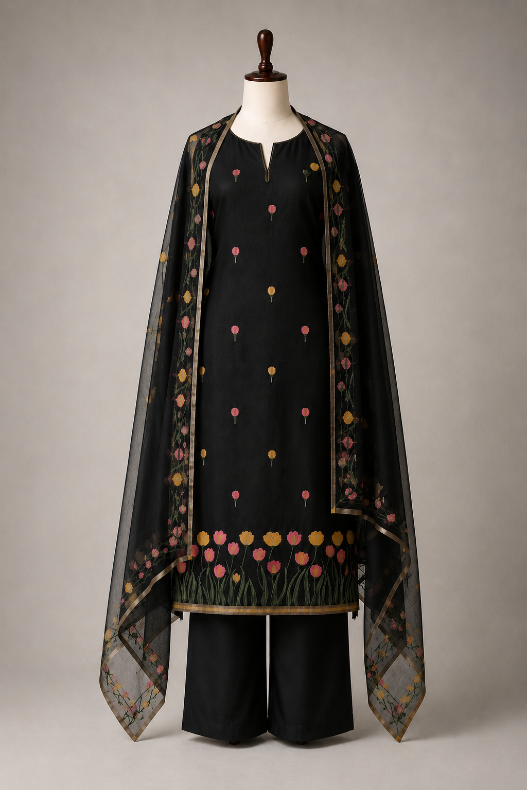 Midnight Black Unstitched Suit Set with Floral Organza Dupatta