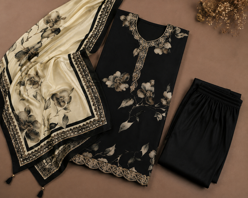 Noir Bloom Embroidered Fine Cotton Ensemble