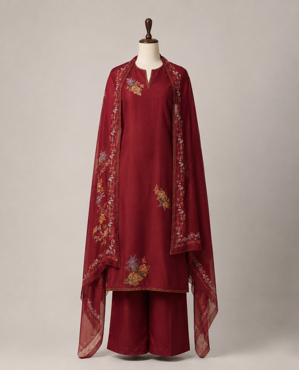 Maroon Floral Embroidered Dress Material Set