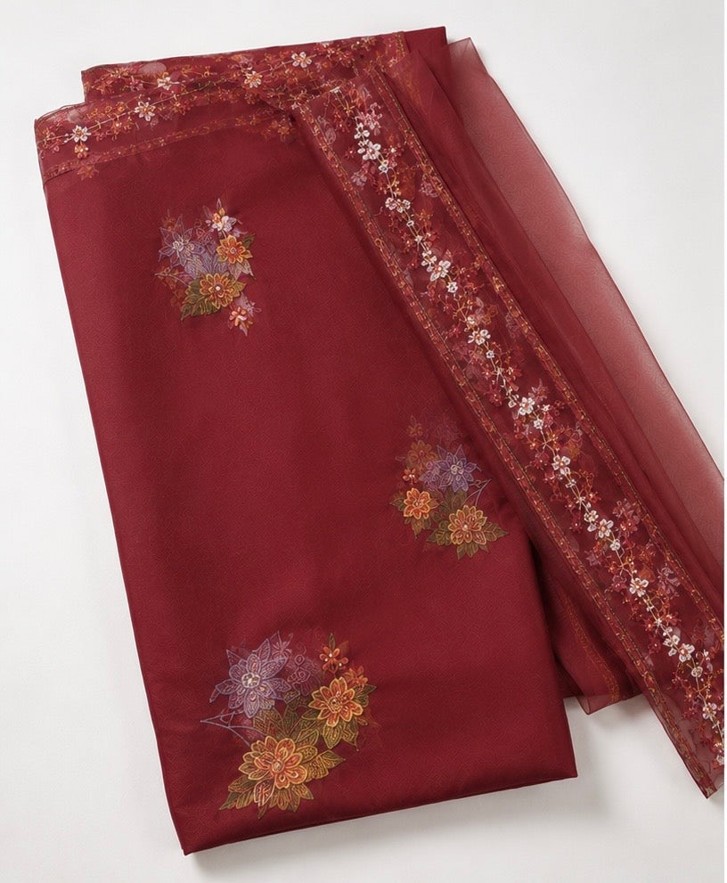 Maroon Floral Embroidered Dress Material Set