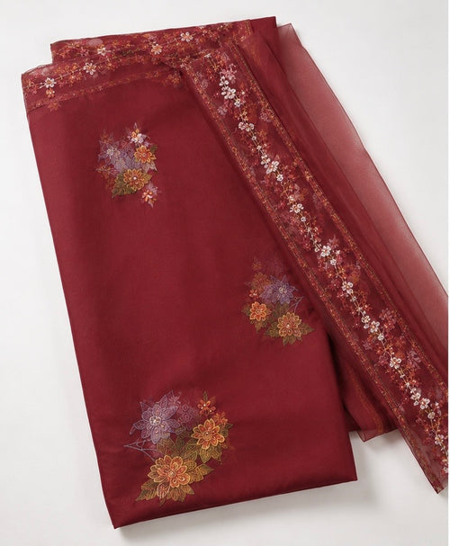 Maroon Floral Embroidered Dress Material Set