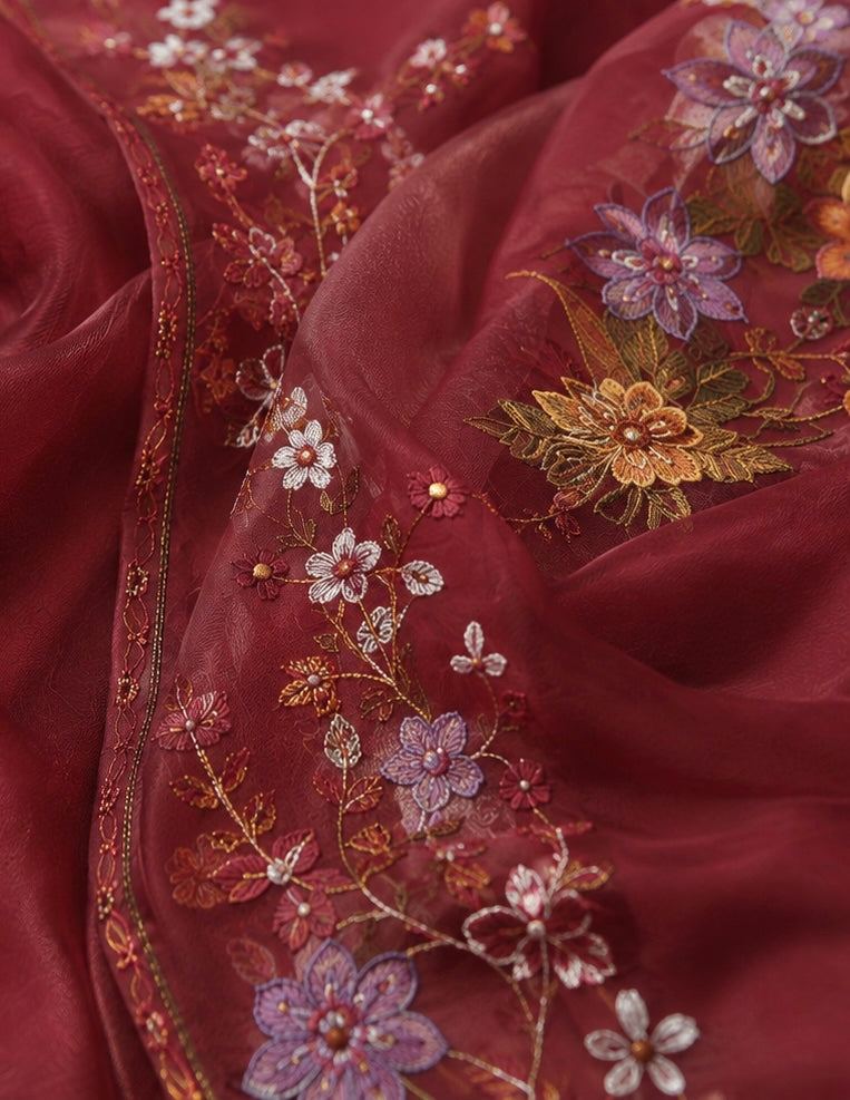 Maroon Floral Embroidered Dress Material Set
